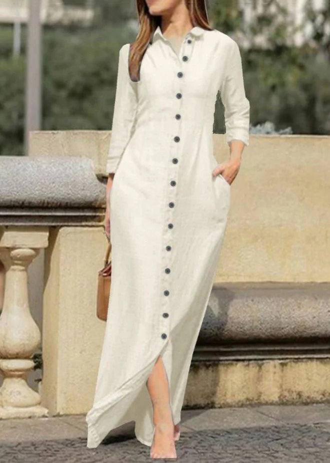 Natural Black Peter Pan Collar Button Long Shirts Dress Fall