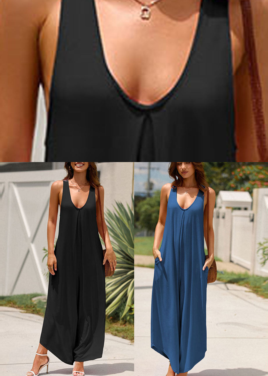Solid Strap Pockets Long Navy Sleeveless Spaghetti