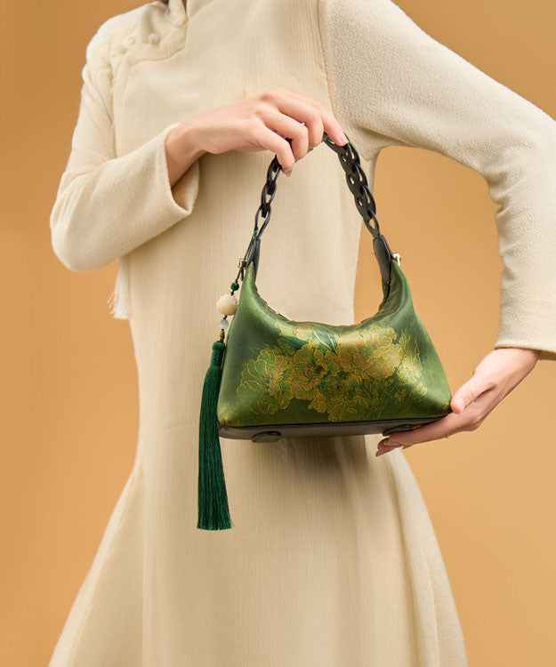 Silk Bag Blackish Tassel Retro New Print Tote Green