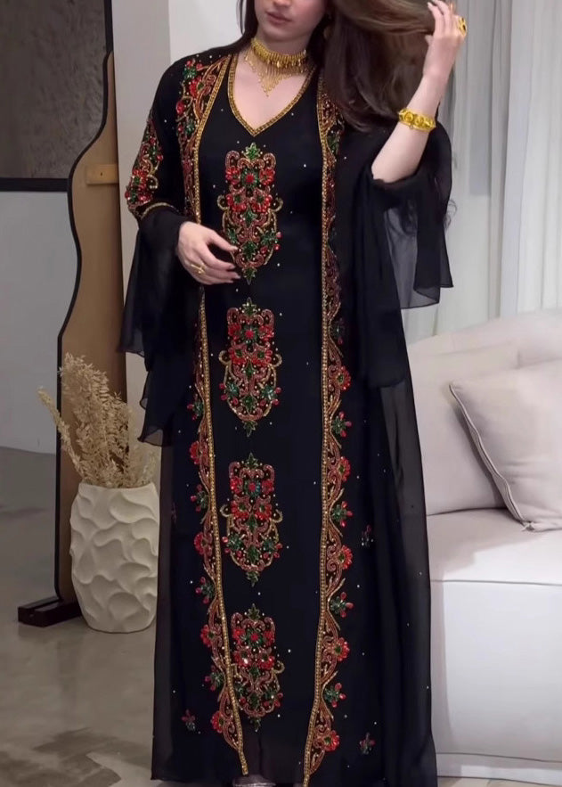 New Style Black Embroidered Robe Dress Two Pieces Set Summer