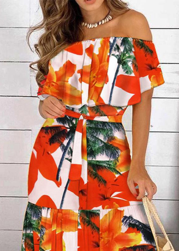 Summer Long Tunic Slash Dresses Red Organic Patchwork Neck