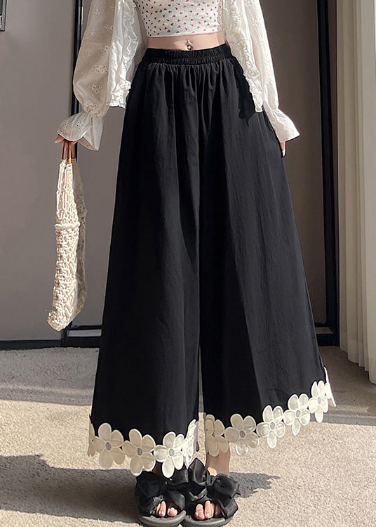 Original Design Black Floral Patchwork Cotton Wide Leg Pants Summer