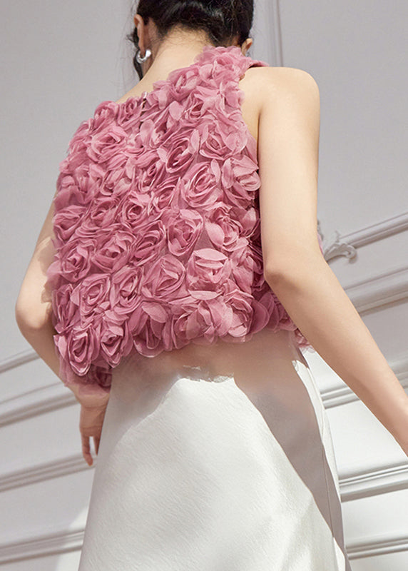 Pink Sleeveless Original Design Floral Tulle Vests
