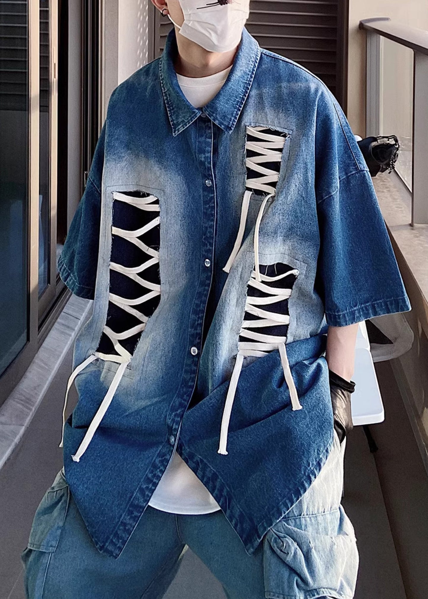 Plus Size Blue Original Design Patchwork Men Shirts Half Sleeve