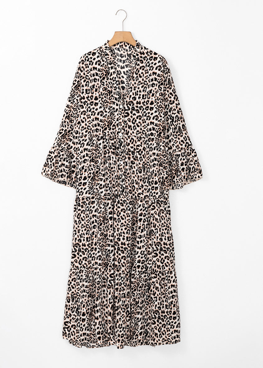 Plus Leopard Size V Dress Maxi Neck Patchwork Fall