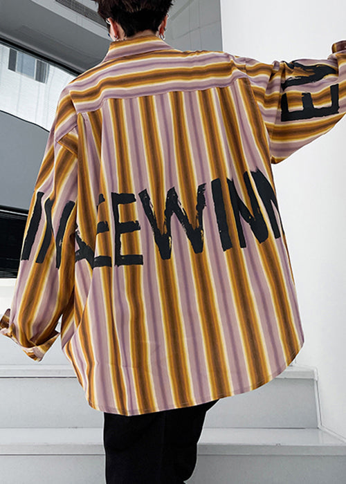 Plus Size Yellow Striped Letter Low High Design Cotton Men Shirt Spring