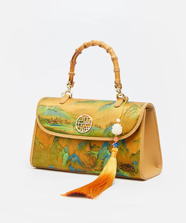 Bag Tote Tassel Yellow Decorated Retro Print Silk