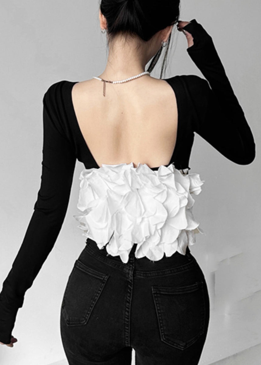 Sexy Black Patchwork Hollow Out Backless Top Fall