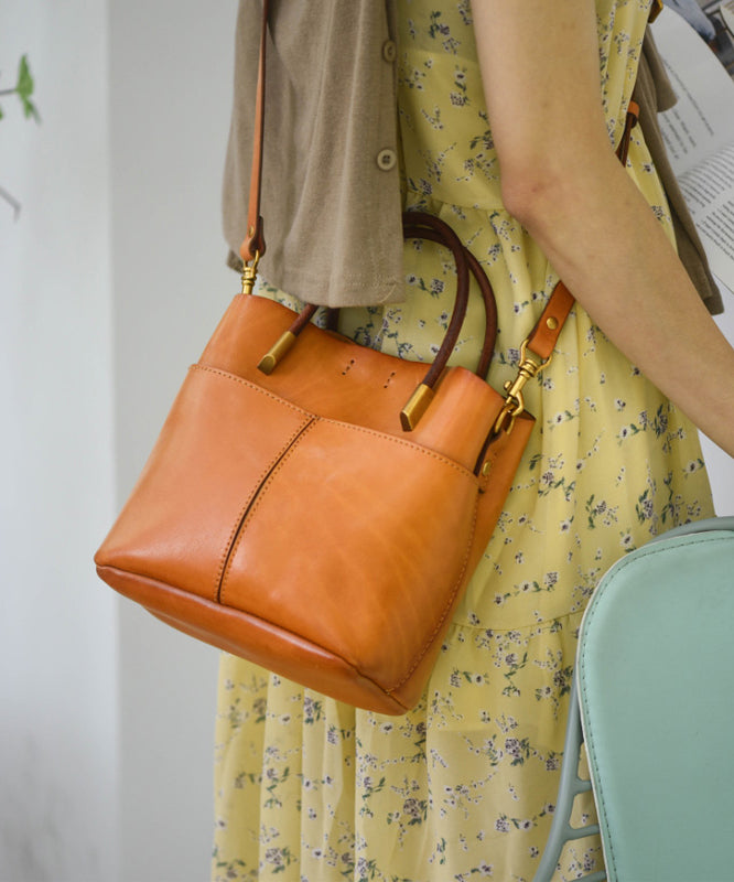 Large Durable Style Tote Handbag Orange Leather