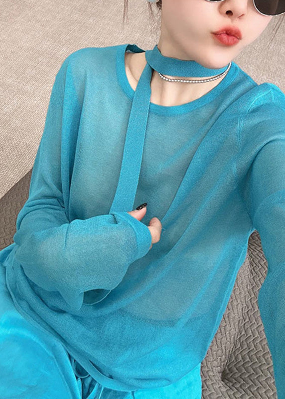 O-Neck Stylish Piece Pants Wide Knit Toop Blue And Fall Two Leg Set