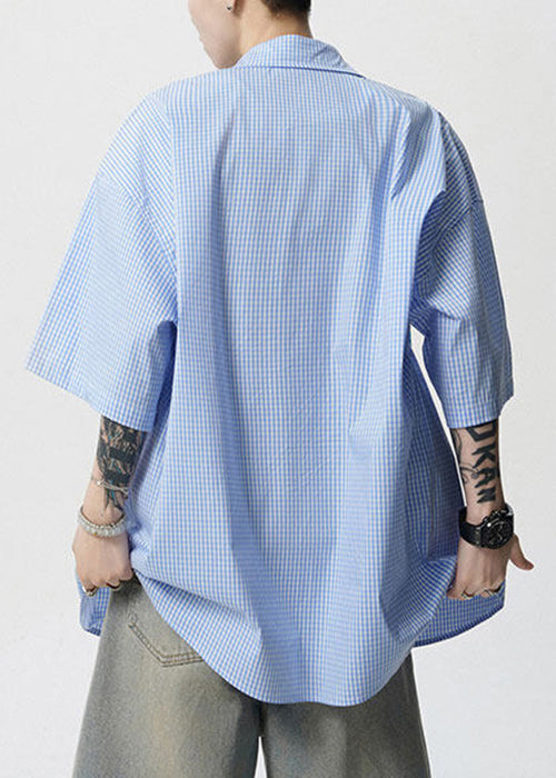 Stylish Blue Peter Pan Collar Print Cotton Shirts Mens Summer