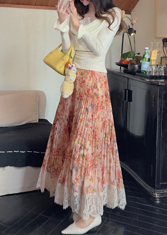 Stylish Orange Print Lace Patchwork Chiffon Pleated Skirt Summer