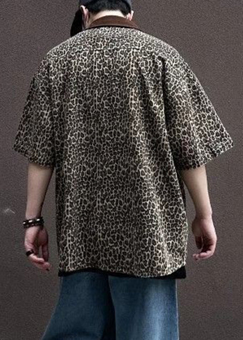 Unique Leopard Pockets Corduroy Patchwork Men Shirts Half Sleeve