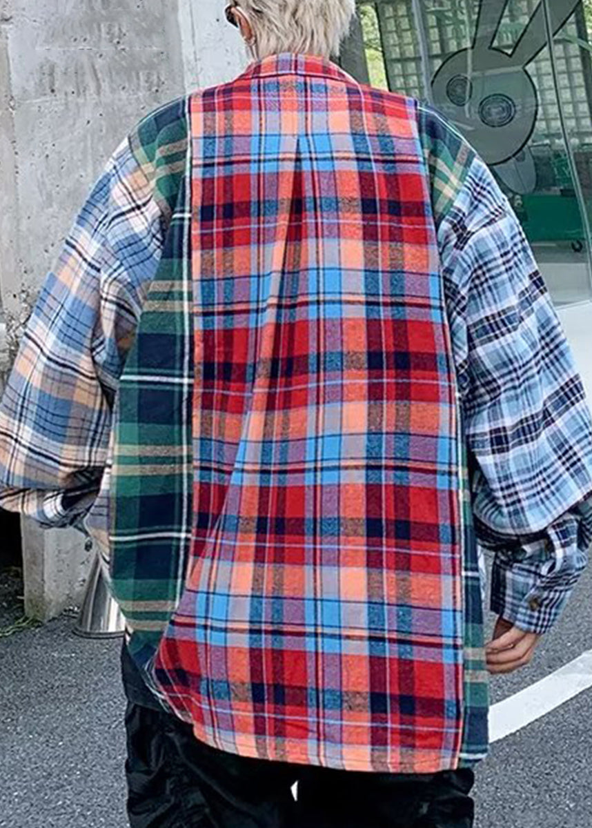 Unique Peter Pan Collar Plaid Patchwork Cotton Men Shirts Spring