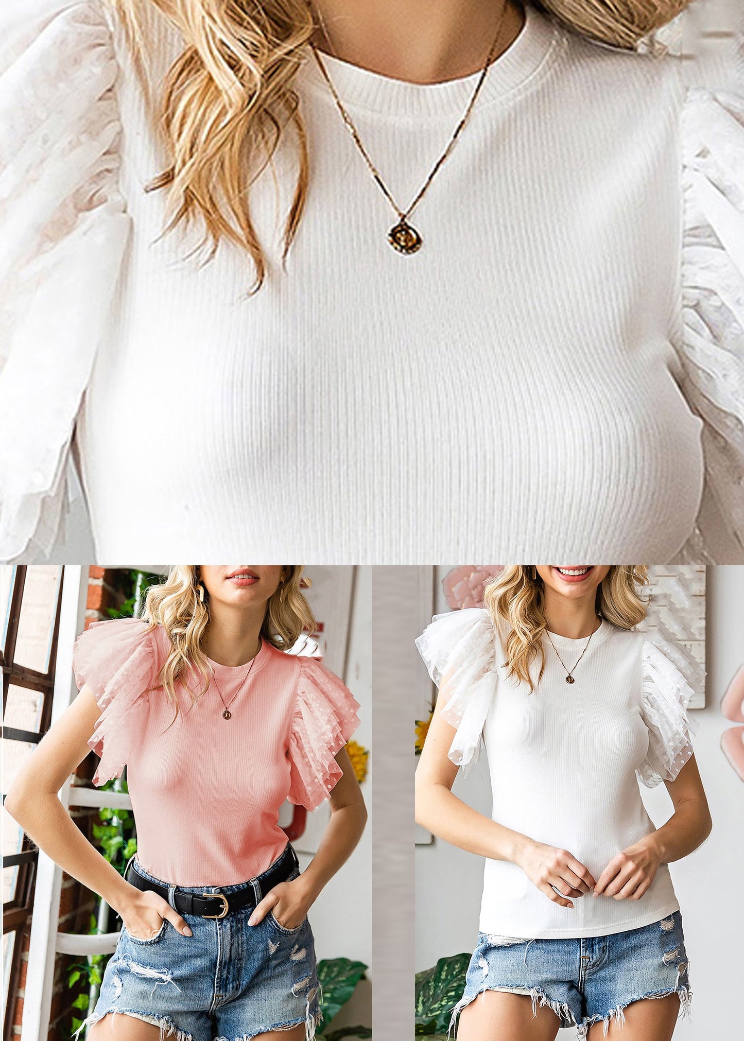 O-Neck Top White Solid Sleeve Flare Knit