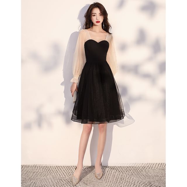 Long-Sleeve Two-Tone Mesh A-Line Evening Dress