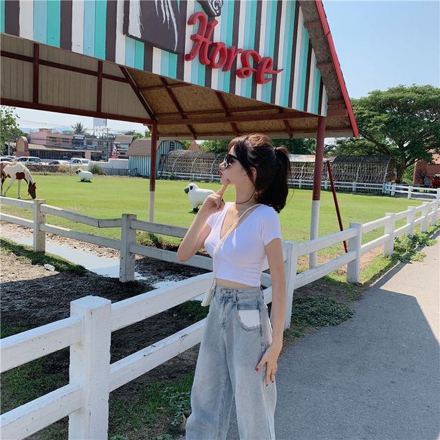 Short-Sleeve V-Neck Crop Top