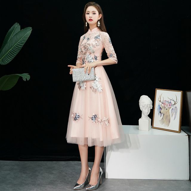 Floral Cocktail Elbow-Sleeve / Gown Embroidered Dress A-Line Evening
