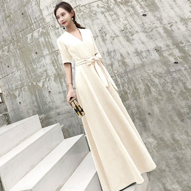 A-Line Short-Sleeve Designs) Evening (Various Tie-Front Gown