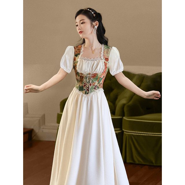 Mock Two-Piece Puff-Sleeve Floral Lace-Up Midi Dress (Various Designs)