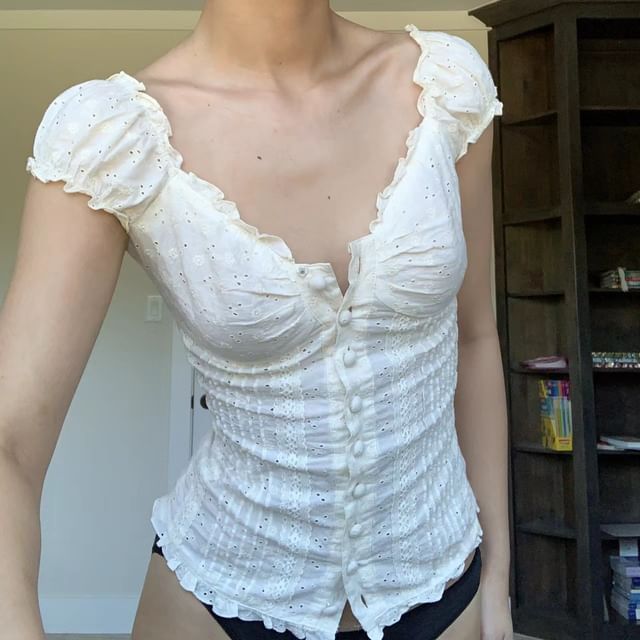 Eyelet Lace Ruffle-Trim Cap-Sleeve V-Neck Fitted Blouse