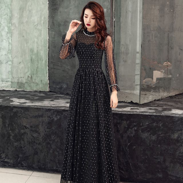 Evening Gown Mesh A-Line Long-Sleeve