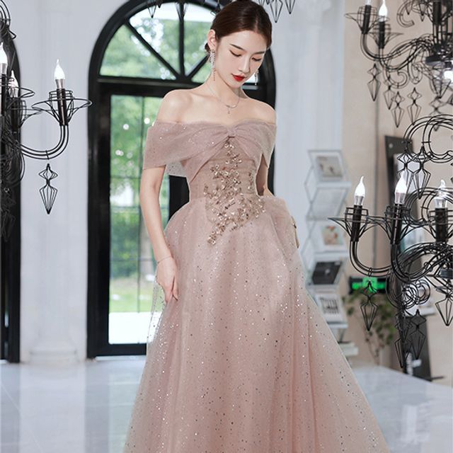 Off-Shoulder Embellished Mesh Maxi Cocktail Dress