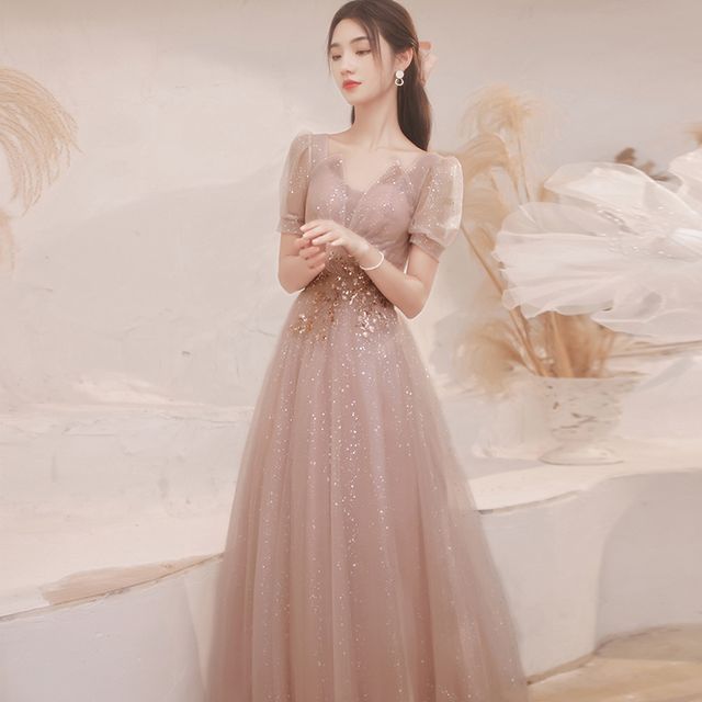 Puff-Sleeve Glitter Mesh Maxi Cocktail Dress