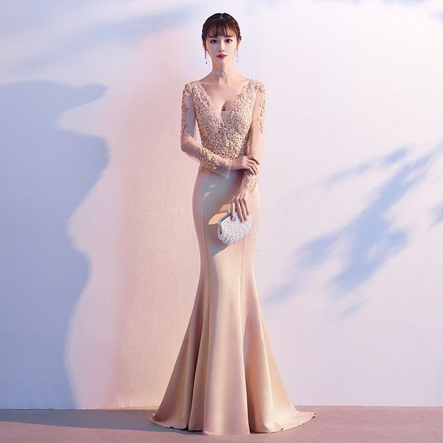 Mermaid Lace Gown V-Neck Long-Sleeve Evening