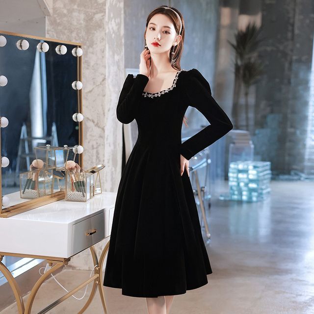 Rhinestone Dress Evening Square Cocktail Neck Gown Long-Sleeve / A-Line
