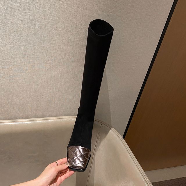 Square-Toe Quilted Panel Block Heel Knee-High Boots