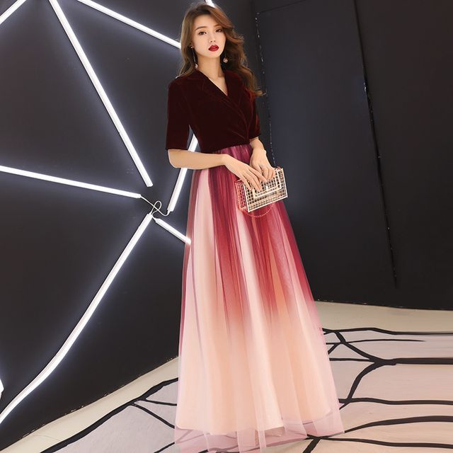 Short-Sleeve V-Neck A-Line Gown Ombre Evening