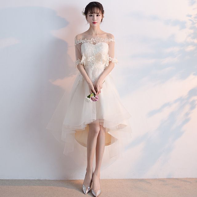 Short-Sleeve Lace Trim High Low Cocktail Dress