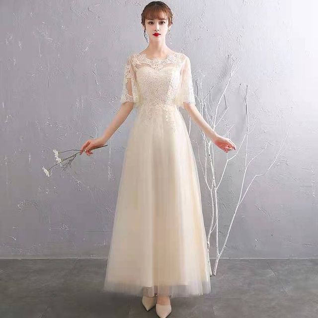 Floral Short-Sleeve A-Line Gown Evening Embroidered