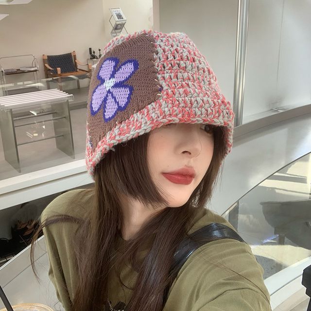 Floral Patchwork Knit Beanie