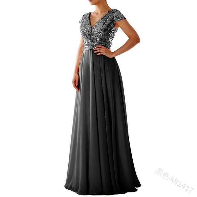 Sequined Evening Gown Short-Sleeve A-Line