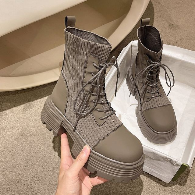 Platform Leather Panel Short Lace-Up Knit Faux Boots