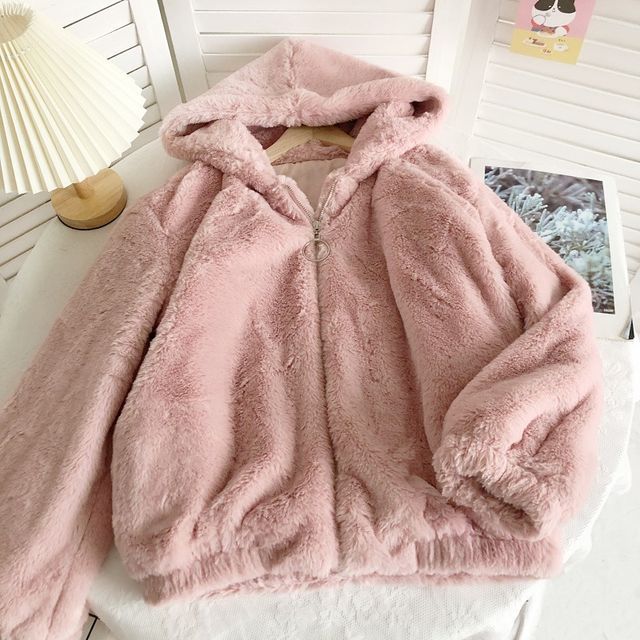 Plain Fluffy Hooded Zip Jacket