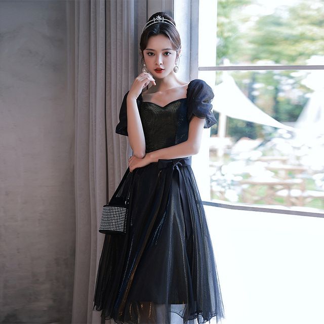 Puff Evening Dress Cocktail Sleeve Mesh Gown A-Line /