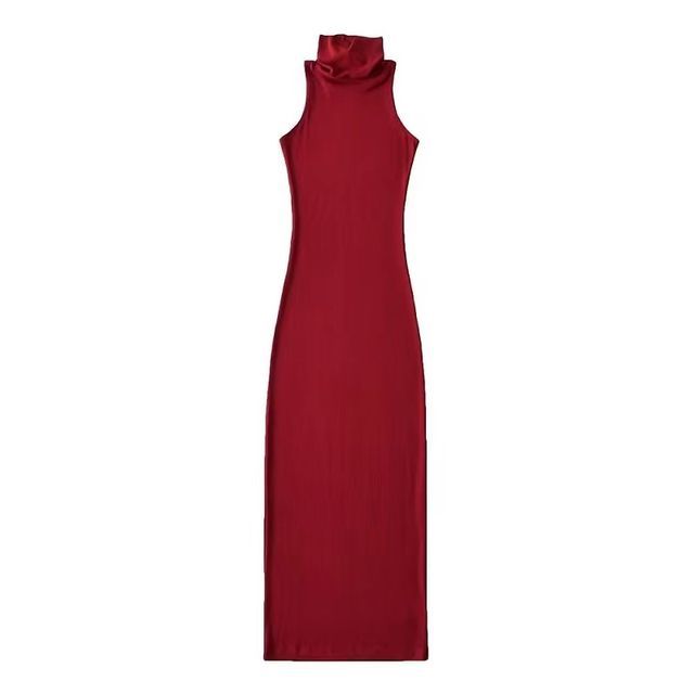 Dress Sleeveless Slim-Fit Plain Turtleneck