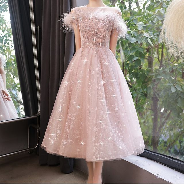 Short-Sleeve Crew Neck Fluffy Trim Sequined Panel Sheer Overlay A-Line Evening Dress (Various Designs)