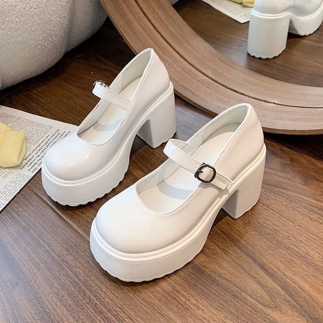 Faux Leather Platform Block Heel Mary Jane Shoes