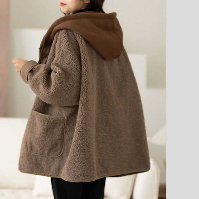 Mock Two Piece Hood Button Teddy Jacket