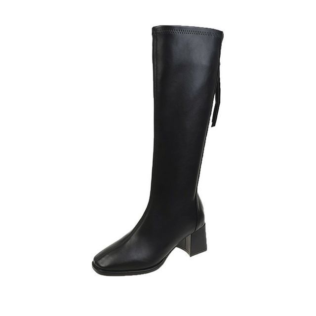 Tall Leather Boots Block-Heel Faux