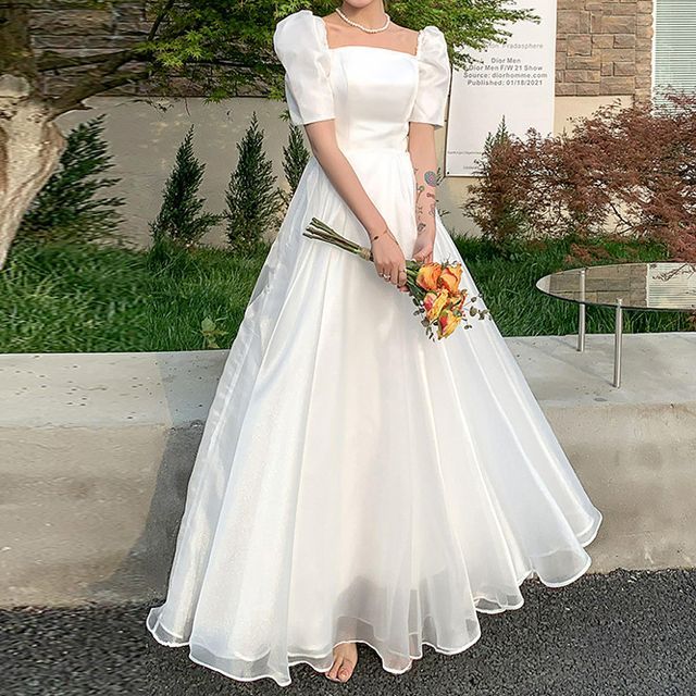 Short-Sleeve Square Neck Plain A-Line Wedding Gown / Midi Dress
