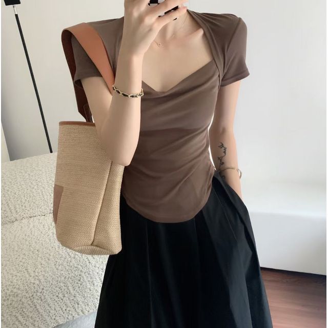 Short-Sleeve Square Neck Plain T-Shirt