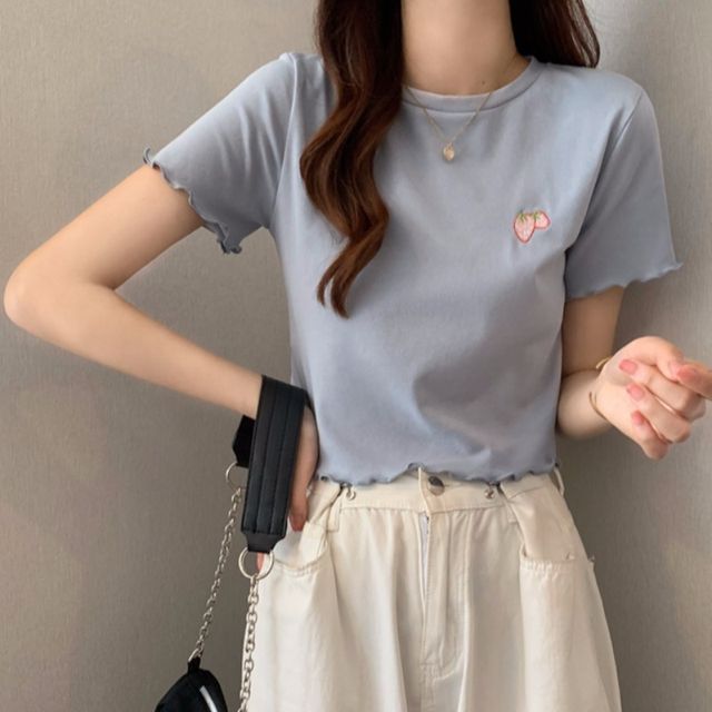 Short-Sleeve Crew Neck Embroidered Crop T-Shirt