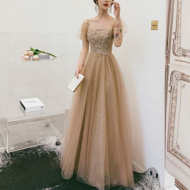 A-Line Short-Sleeve Evening Cocktail Flower Dress Gown / Accent