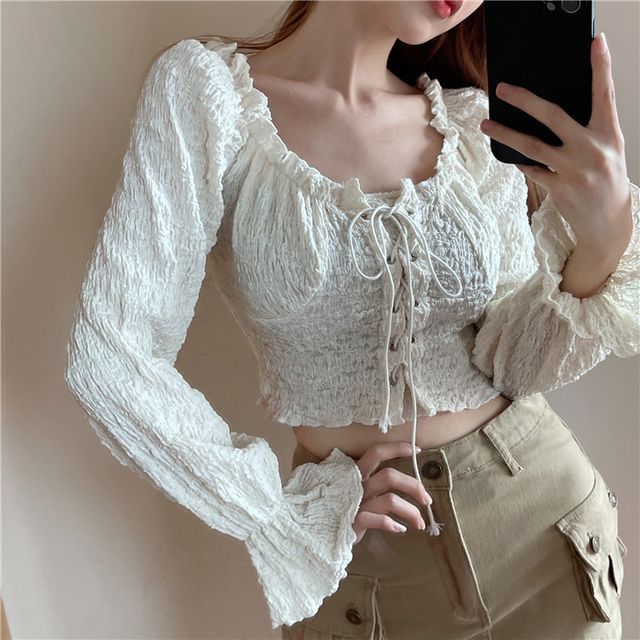 Off-Shoulder Lace-Up Cropped Long-Sleeve Blouse