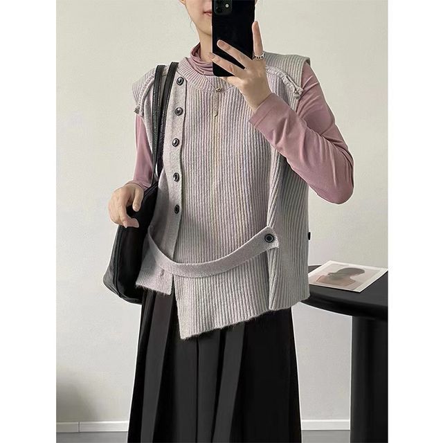 Sweater Button-Up Neck Hem Vest Plain Crew Asymmetrical